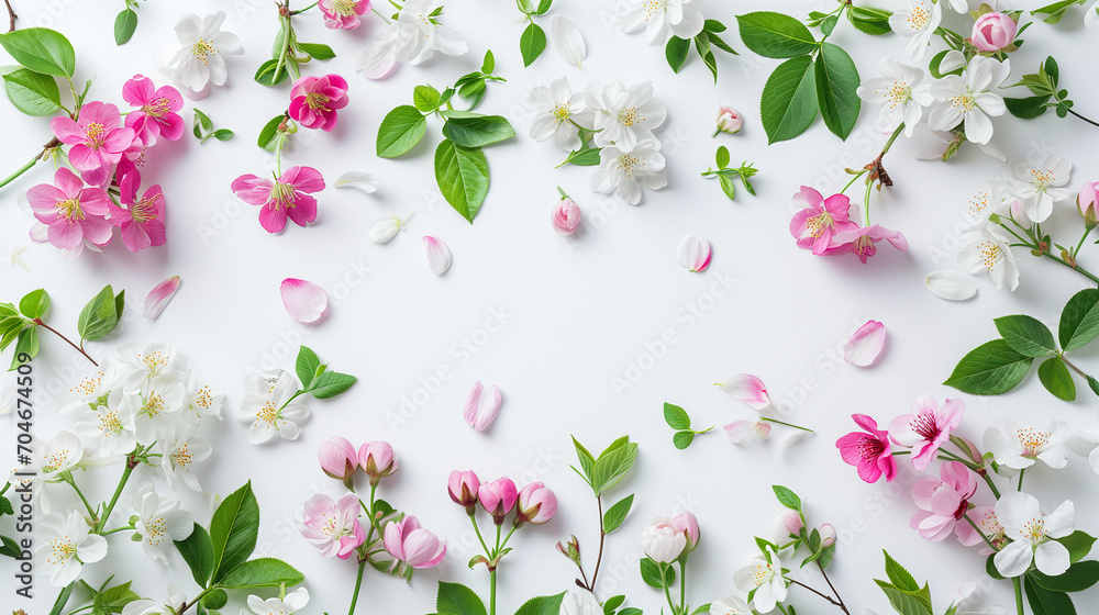 Fototapeta premium Pink and White Flowers With Green Leaves on a White Background