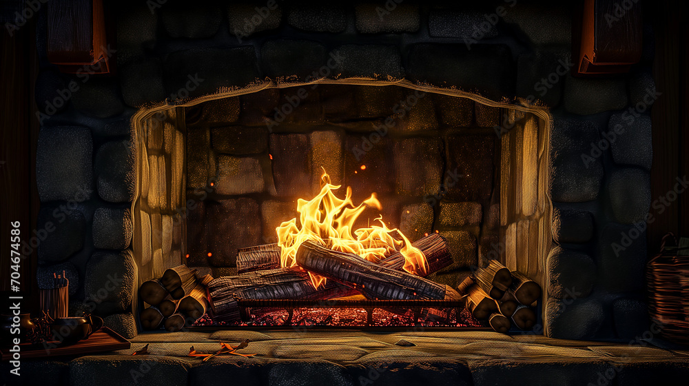 Fire Burning in Fireplace With Logs