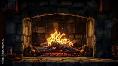 Fire Burning in Fireplace With Logs