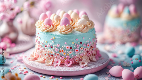Easter cake decorated with colorful icing, forming festive patterns and motifs