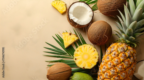 Assorted Fruits Including Pineapple, Coconuts, and Others Arranged on a Table