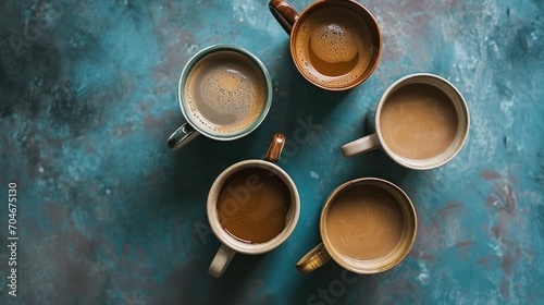  a group of four coffee mugs sitting next to each other on top of a blue and green counter top.