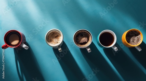  five different colored coffee mugs lined up in a row on a blue surface with a shadow of the coffee cup in the middle of the row.