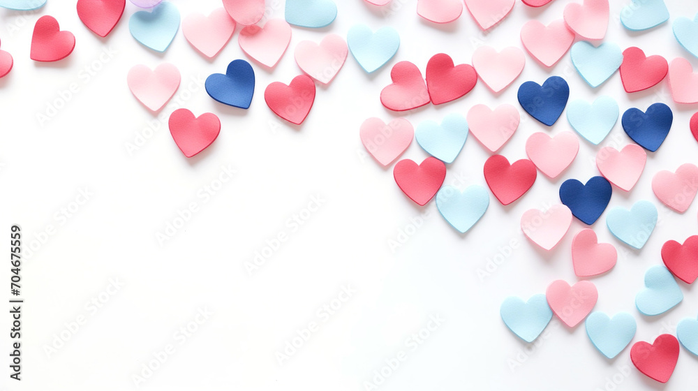 Background hearts. Blue and pink hearts as background isolated on white. Valentine's day background with blue and pink hearts on white background.