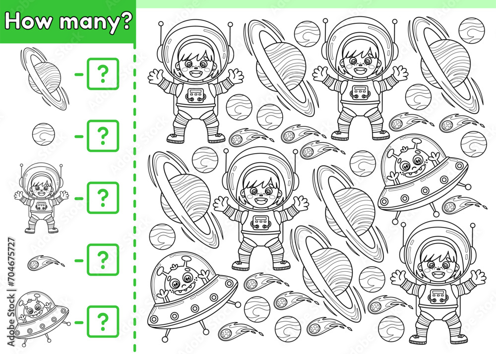 Counting kids game. Math game. How many space objects. Count the cartoon astronauts girls, aliens and planets. Educational worksheet for education children. Vector outline. Perfect for coloring page.