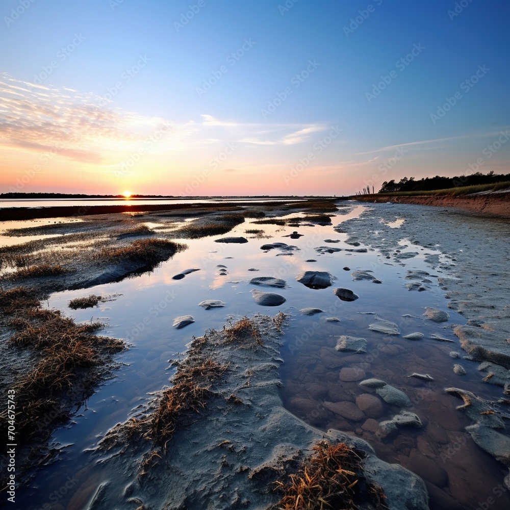 Low tide on a rocky beach at sunset