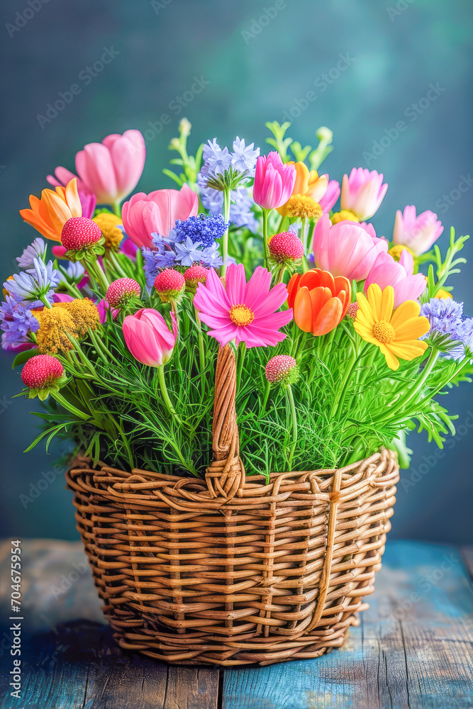 Easter basket full of flowers in different colors, providing an explosion of vivid colors, Easter celebration, Plants and Flowers concept, generative ai