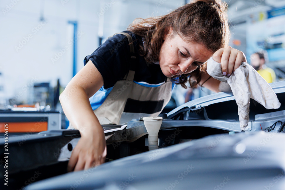 Certified professional in garage finishing fixing car, looking underneath vehicle hood to remove remaining oil leaks. Employee does routine fuel tank cleaning on client automobile in auto repair shop Certified professional in garage finishing fixing car, looking underneath vehicle hood to remove remaining oil leaks. Employee does routine fuel tank cleaning on client automobile in auto repair shop
