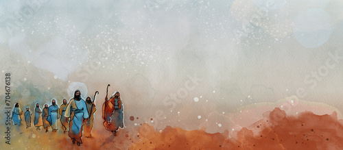 Jesus and the disciples. Christian watercolor background. photo