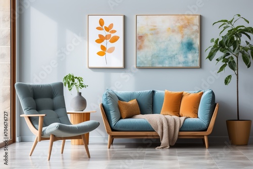 Blue and orange living room interior with two paintings