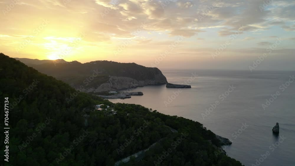 Island Ibiza Mountain Sunset colorful evening Fantastic aerial view flight drone Island Ibiza Mountain Sunset colorful evening Fantastic aerial view flight drone