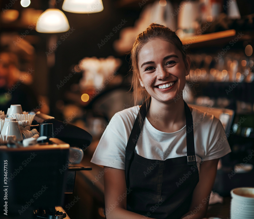 smiling barista girl, in the background of a cafe smiling barista girl, in the background of a cafe