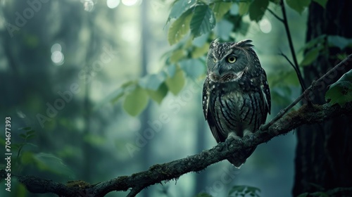  an owl perched on a tree branch in a forest with lots of green leaves on the branches and a foggy sky in the background.