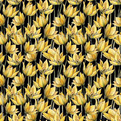 Yellow wild tulips flowers seamless pattern. Spring and summer flowers. dark floral ornamental