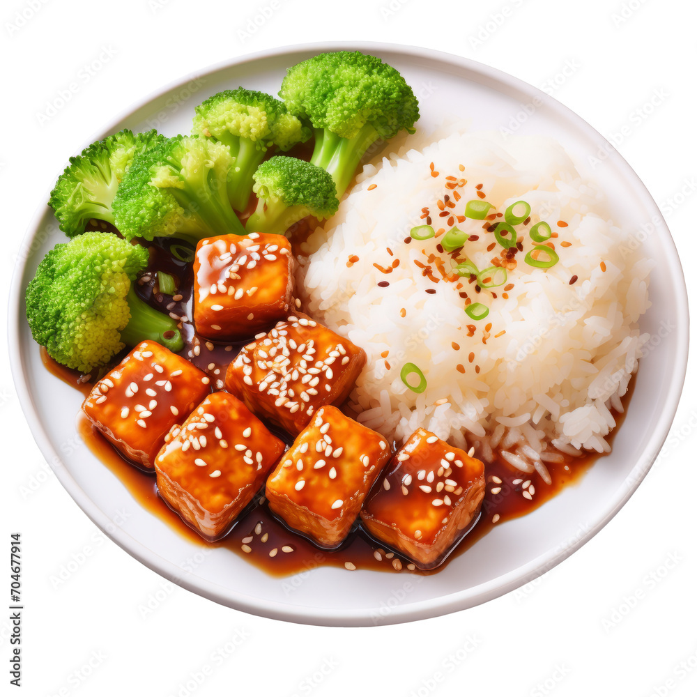 Plate of rice fried tofu. Isolated on transparent background. 