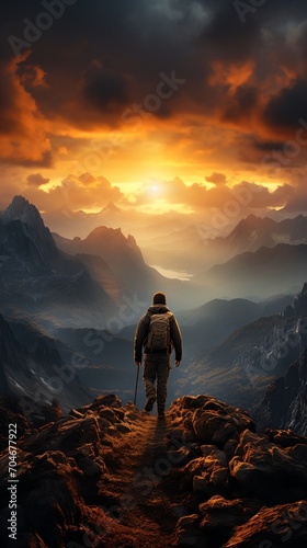 Man hiking alone in the mountains during sunset