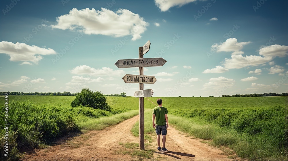 man standing in front of a signpost in a field - obrazy, fototapety, plakaty 