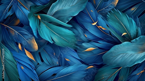 3D artistic wallpaper, blue and turquoise leaves, feathers, golden accents, light drawing background, Illustration, detailed texture, photo