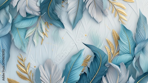 3D blue, turquoise, and gray leaf and feather wallpaper, accented with gold, light drawing base, Illustration, high-quality rendering, © Muhammad