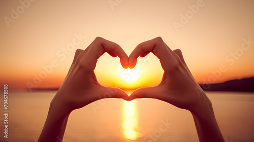 woman's hands folded in the shape of a heart against a sunset background