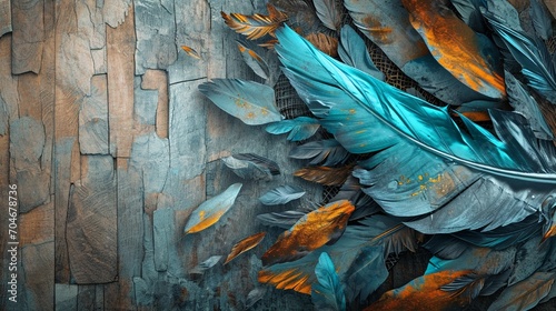 3D wallpaper blending blue, turquoise, gray leaf and feather design with gold highlights, set against light drawing background and oak, nut wood wicker panels, Photography, detailed texture interplay, © Muhammad