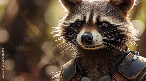  a close up of a raccoon wearing a leather outfit and looking at the camera with a blurry background.