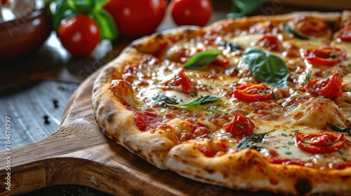  a pizza sitting on top of a wooden cutting board next to a bowl of tomatoes and a bowl of basil.