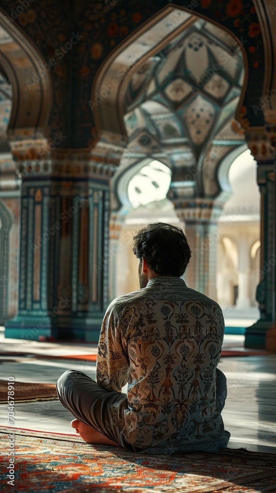 Islamic man in casual clothes praying while sitting with his back turned in the mosque