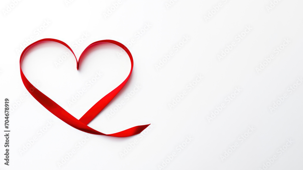 Heart shape made of red ribbon isolated on white background with copy space. Love. Valentine's Day card