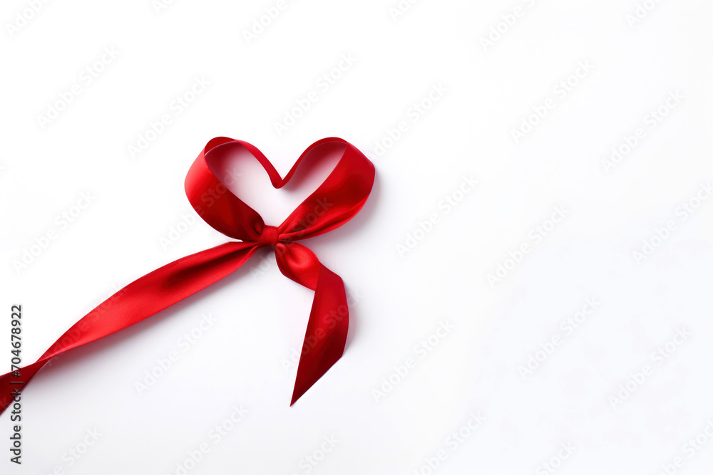 Valentine's Day card. One heart shape made of red ribbon isolated on white background with copy space on the right. Love. Romantic relations. Valentine's Day card. One heart shape made of red ribbon isolated on white background with copy space on the right. Love. Romantic relations.
