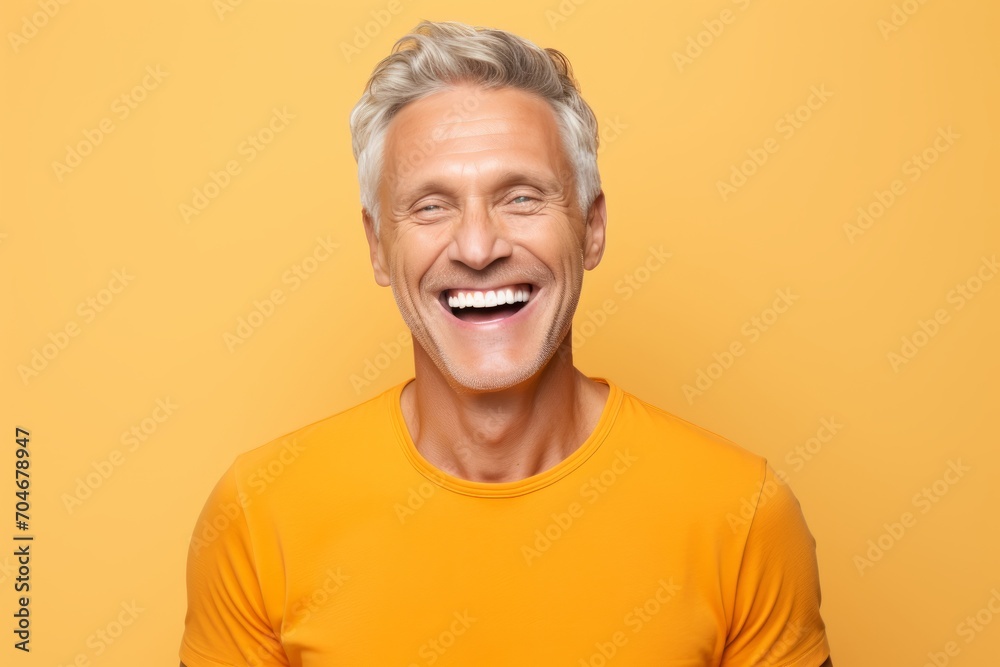 Cheerful mature man in orange t-shirt laughing at camera Cheerful mature man in orange t-shirt laughing at camera