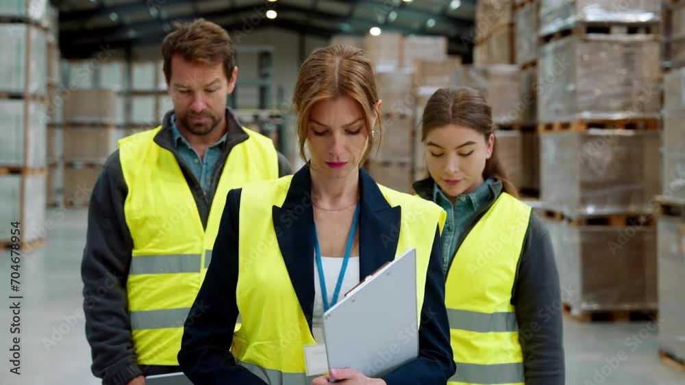 Team of warehouse employees standing in warehouse. Team of workers in reflective clothing in modern industrial factory, heavy industry, manufactrury.
