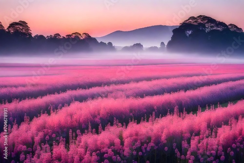 Mystical Dawn Serenity: Tranquil Atmosphere in a Countryside Flower Meadow.
