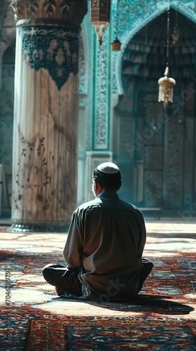 Islamic man in casual clothes praying while sitting with his back turned in the mosque