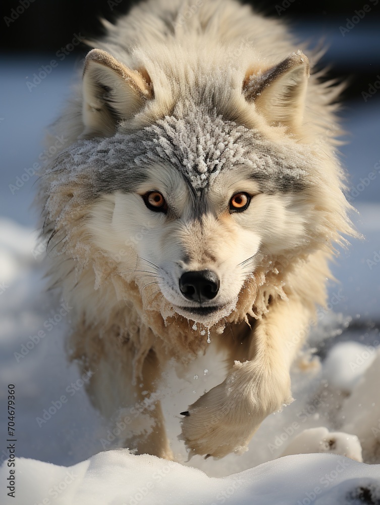 Portrait of a white wolf running in the snow