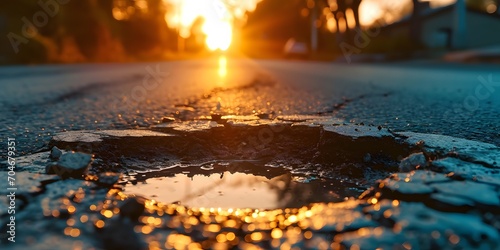 Pothole on a empty road in early morning road maintenance issues concept roads disrepair problem - generative ai photo