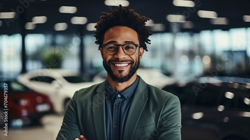 portrait of a smiling African-American car salesman in a green suit