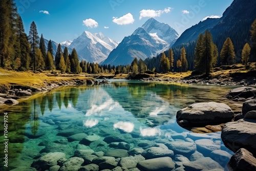 Stunning mountain lake landscape with crystal clear water and snow capped peaks