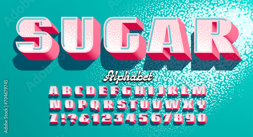 A capitals alphabet with 3d effects, granular sugar effect in letters in background. Good branding choice for desserts, snacks, bakery, etc.