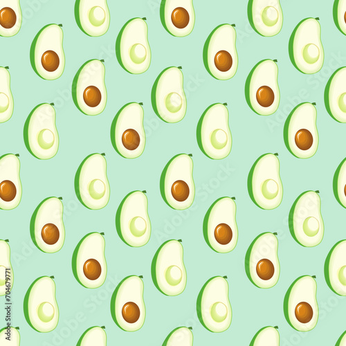 Avacado. Pattern with halves of avacado with and without pit. Seamless background, texture. Suitable for fabric, wallpaper, wrapping paper. 