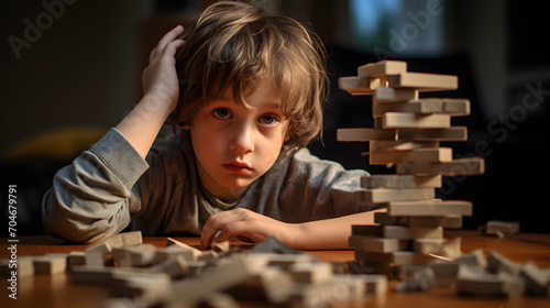 A child looking at a toppled tower of blocks with a sad expression.