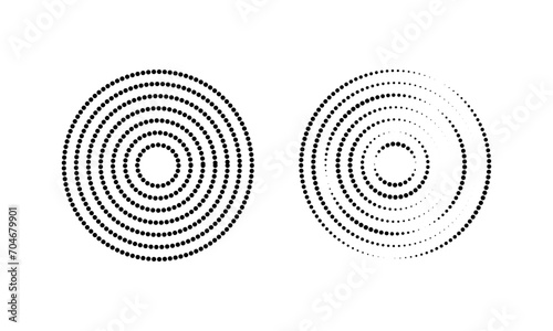 Circular ripple icons. Concentric circles with whole and broken dotted lines isolated on white background. Vortex, sonar wave, soundwave, sunburst, signal signs