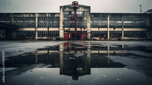 A defunct factory with broken windows and rusted machinery under a gray sky.