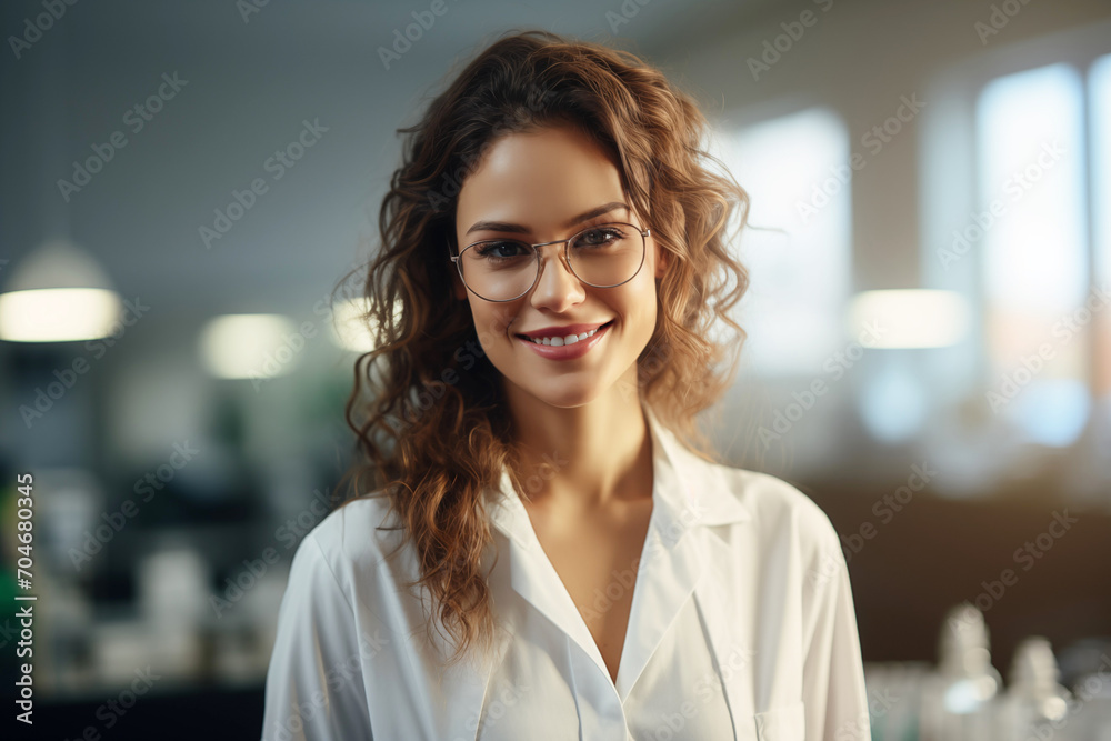 Smiling Woman in a Lab Coat