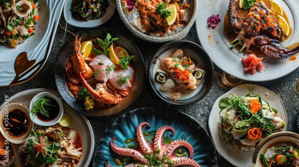a table topped with plates of food and a bowl of soup next to a plate with an octopus on it. a table topped with plates of food and a bowl of soup next to a plate with an octopus on it.