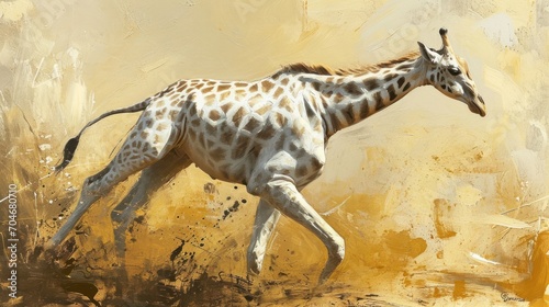  a painting of a giraffe running through a field of grass and dirt  with a yellow wall in the background.