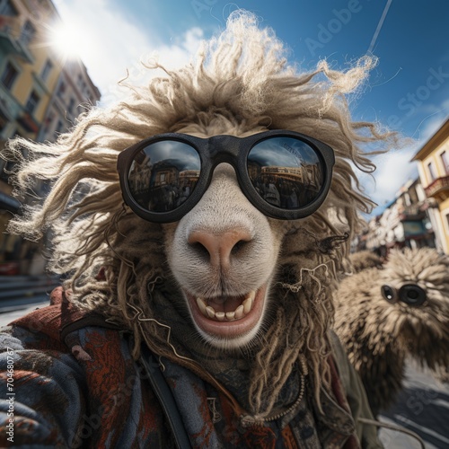sheep portrait with sunglasses, Funny animals in a group together looking at the camera, wearing clothes, having fun together, taking a selfie, An unusual moment full of fun fashion consciousness.