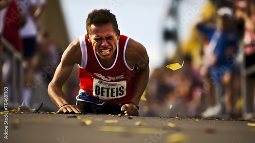 A runner collapsed on the ground just short of the finish line with competitors crossing it in the background. photo