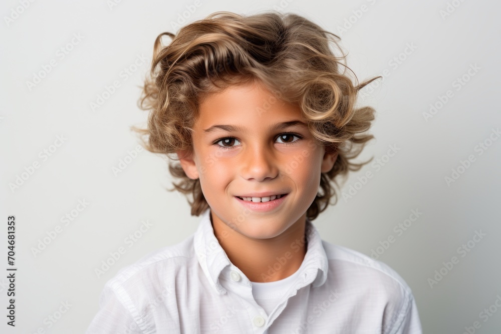 Portrait of a cute little boy in a white shirt on a gray background