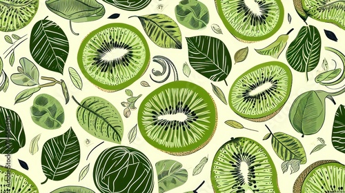  a close up of a kiwi fruit on a white background with green leaves and leaves around the kiwi. photo